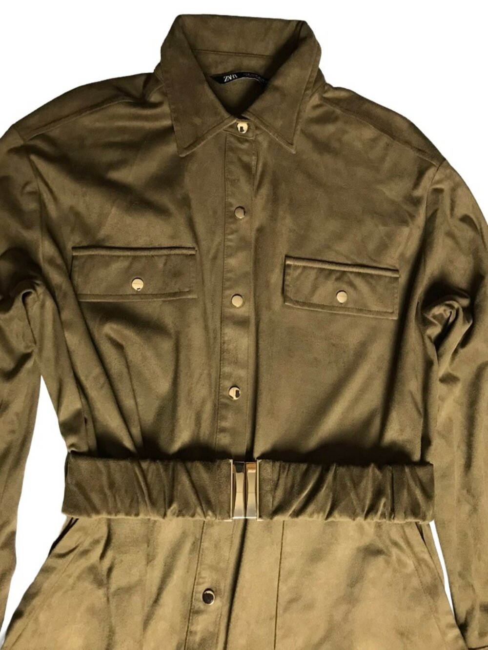ZARA Olive Green Suede Belted Midi Shirt Dress Womens M Utility Snap Button